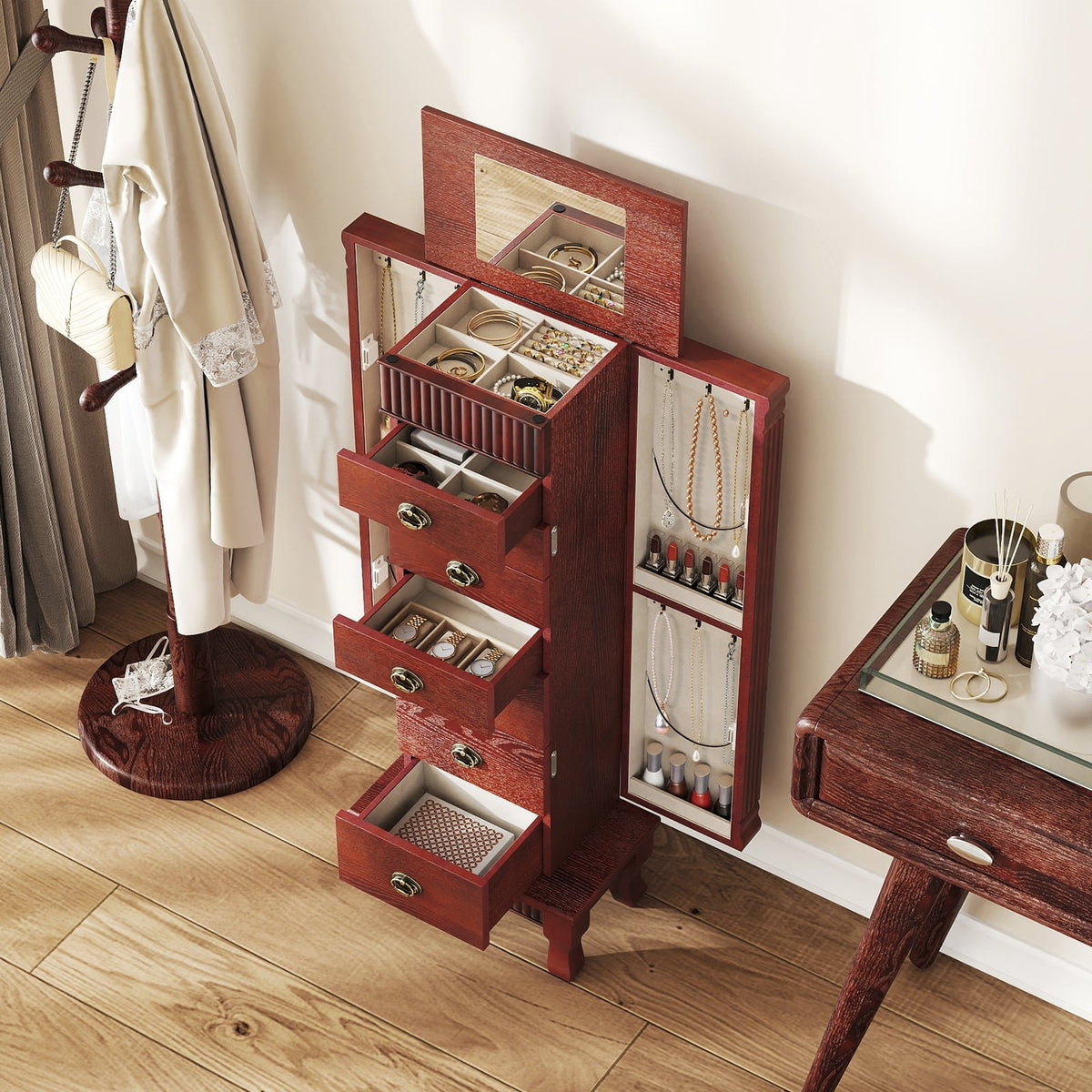 Wooden Jewelry Armoire Cabinet Storage Chest with Drawers and Swing Doors-Brown view 6