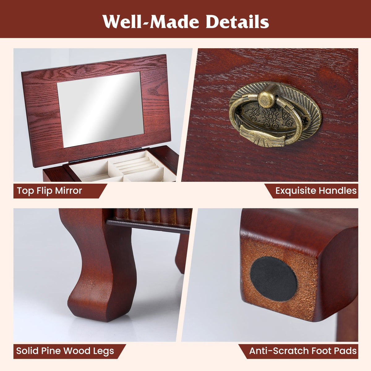 Wooden Jewelry Armoire Cabinet Storage Chest with Drawers and Swing Doors-Brown view 7