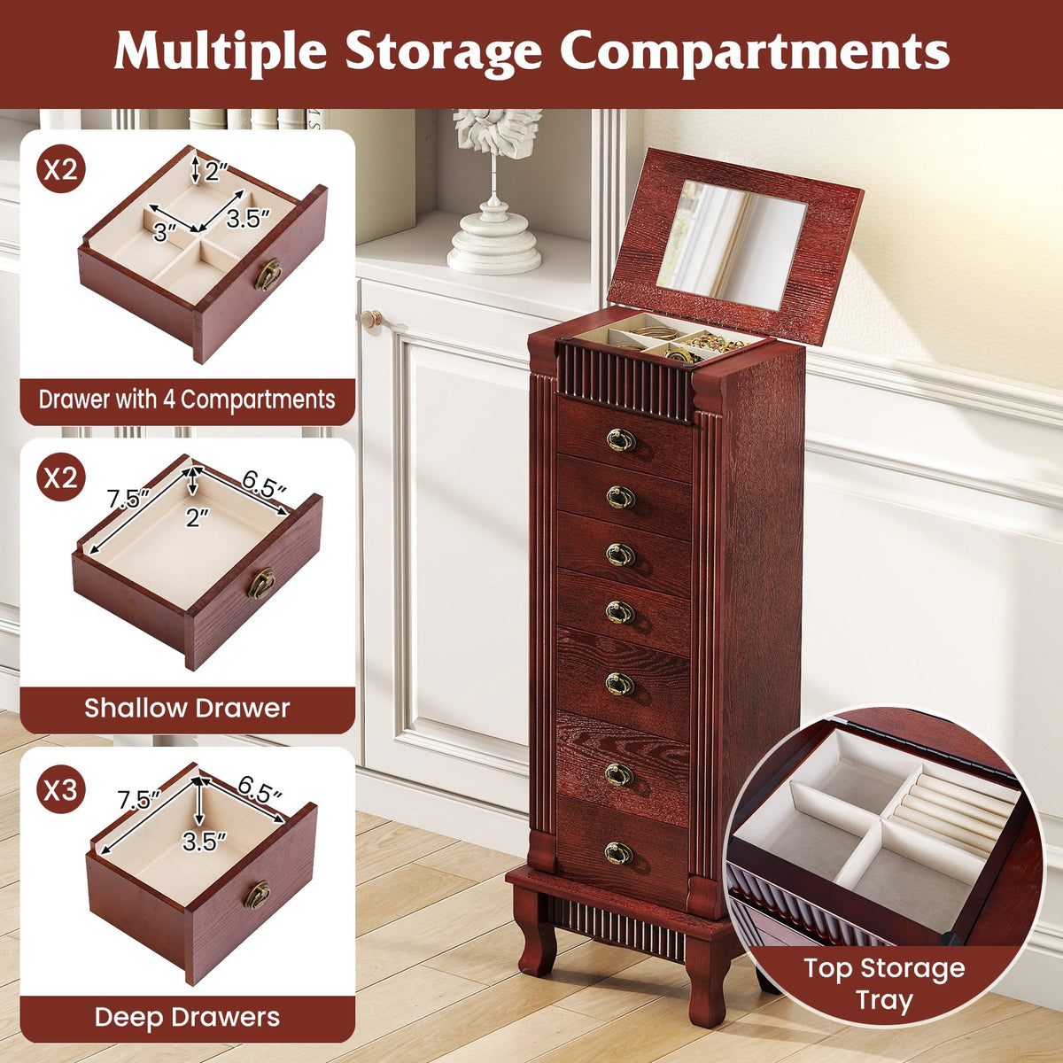 Wooden Jewelry Armoire Cabinet Storage Chest with Drawers and Swing Doors-Brown view 8