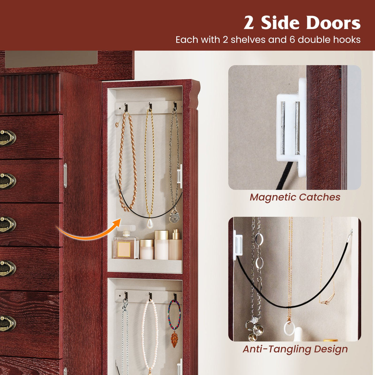 Wooden Jewelry Armoire Cabinet Storage Chest with Drawers and Swing Doors-Brown view 9