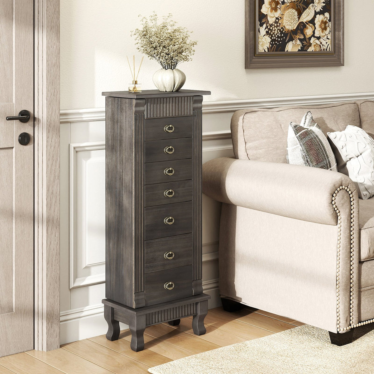 Wooden Jewelry Armoire Cabinet Storage Chest with Drawers and Swing Doors-Gray view 2