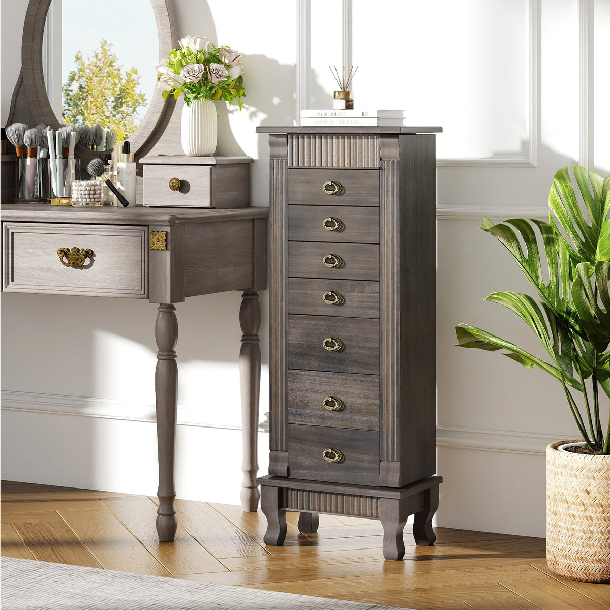 Wooden Jewelry Armoire Cabinet Storage Chest with Drawers and Swing Doors-Gray view 3