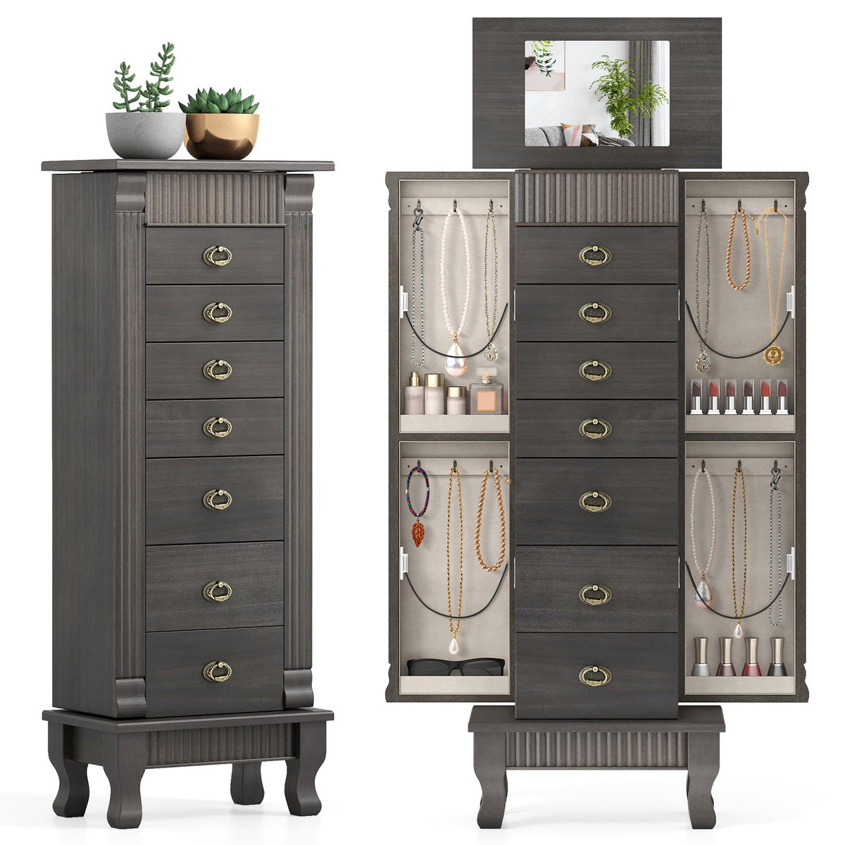 Wooden Jewelry Armoire Cabinet Storage Chest with Drawers and Swing Doors-Gray view 4