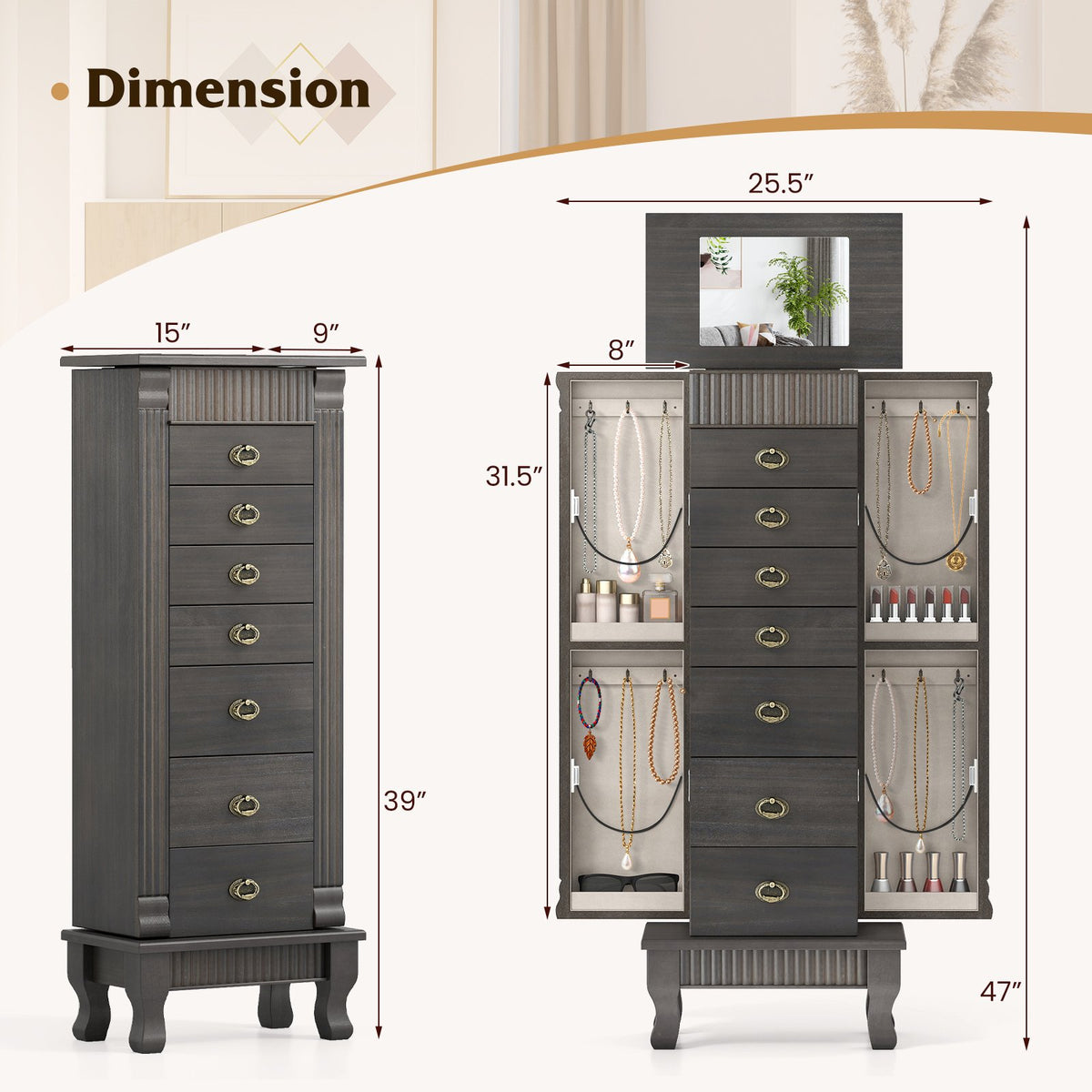 Wooden Jewelry Armoire Cabinet Storage Chest with Drawers and Swing Doors-Gray view 5
