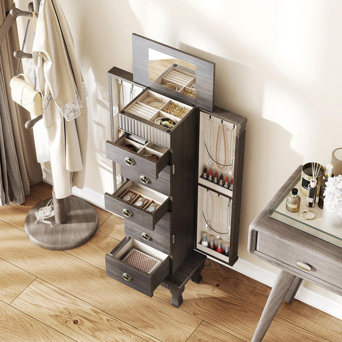 Wooden Jewelry Armoire Cabinet Storage Chest with Drawers and Swing Doors-Gray view 6