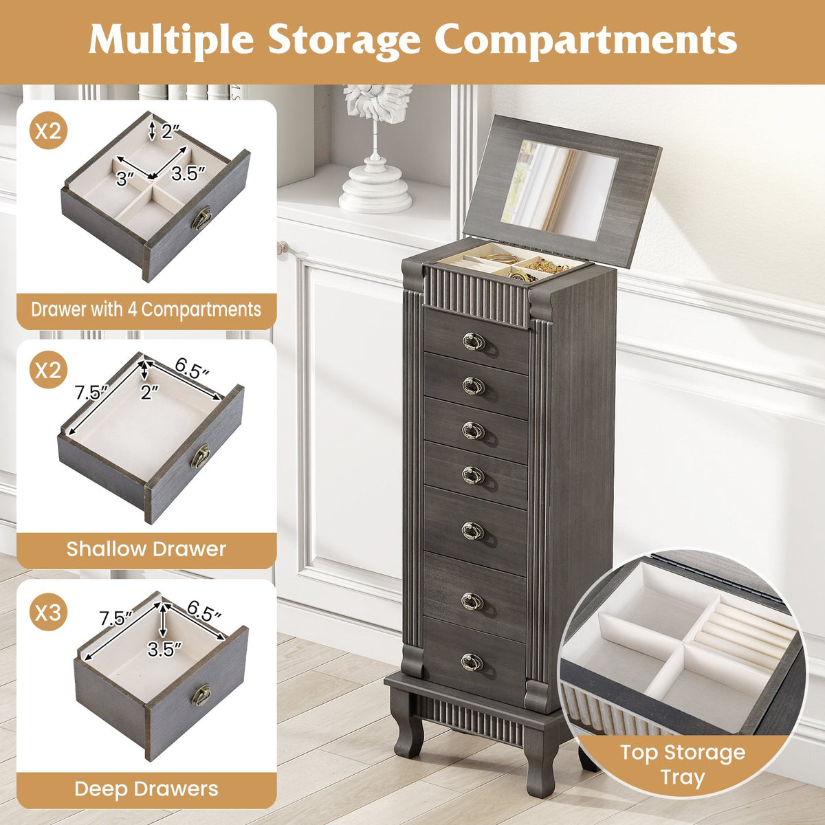 Wooden Jewelry Armoire Cabinet Storage Chest with Drawers and Swing Doors-Gray view 8