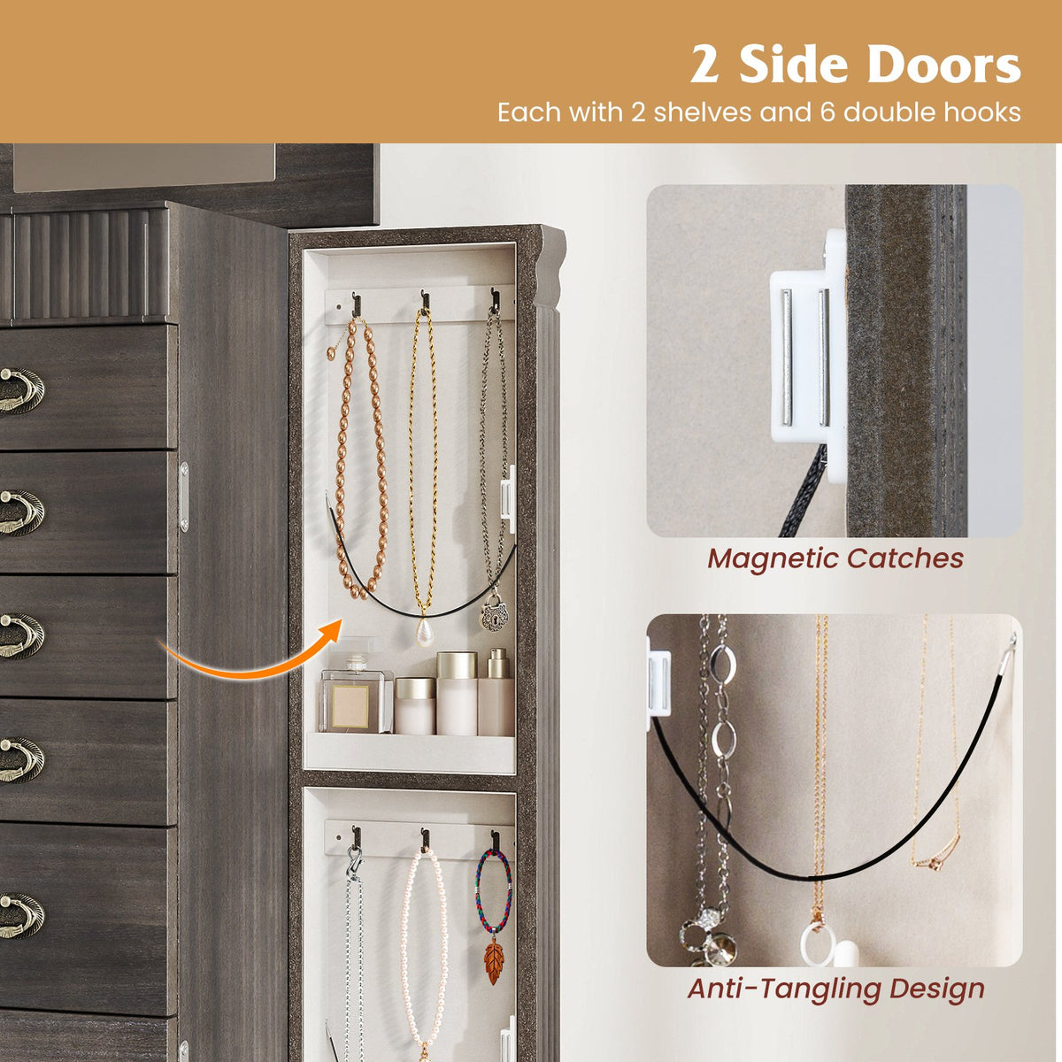 Wooden Jewelry Armoire Cabinet Storage Chest with Drawers and Swing Doors-Gray view 9