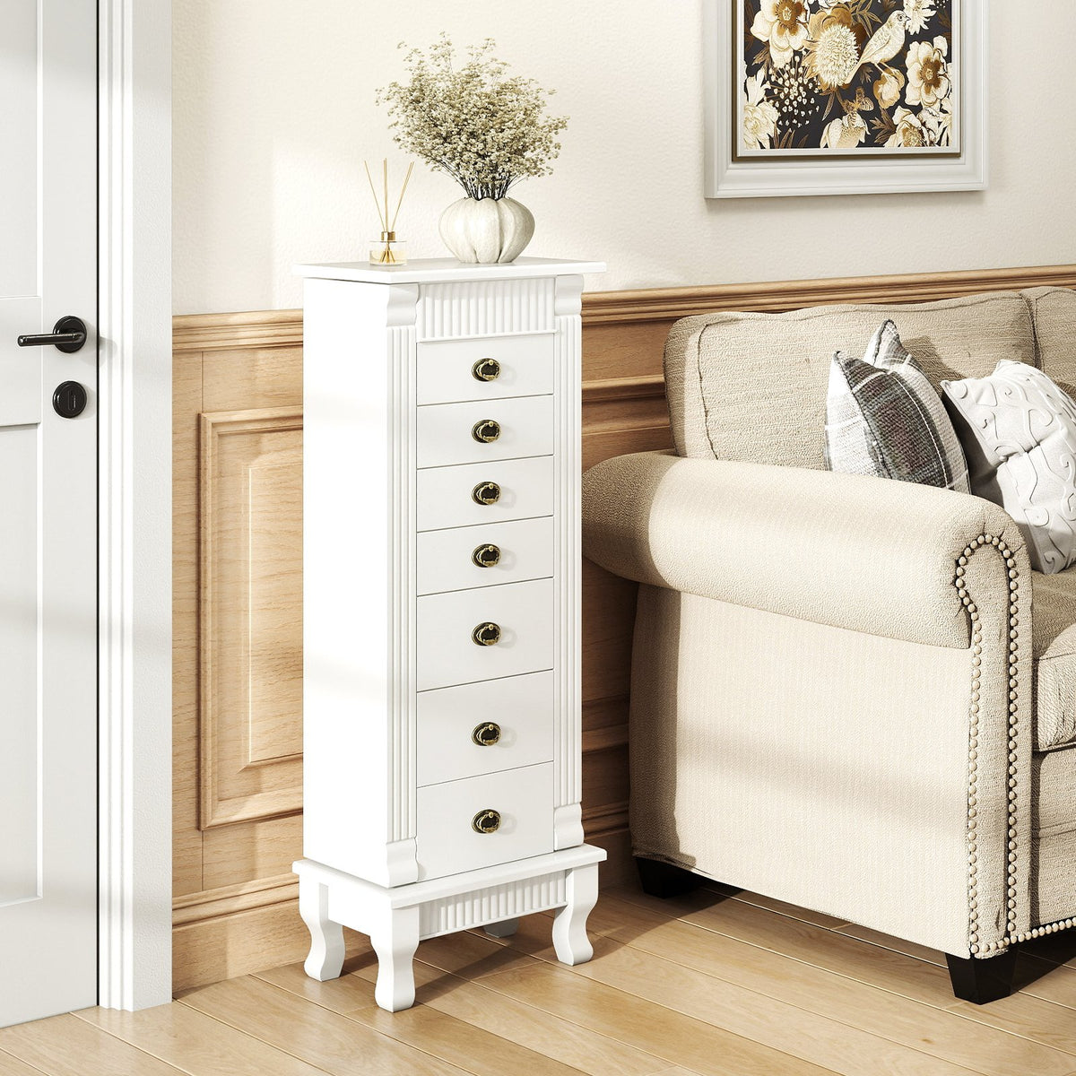 Wooden Jewelry Armoire Cabinet Storage Chest with Drawers and Swing Doors-White view 2