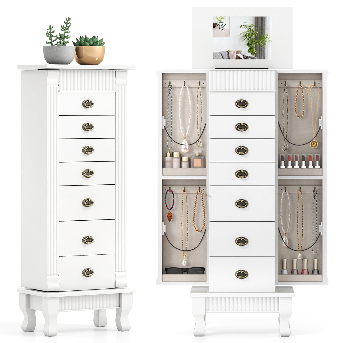 Wooden Jewelry Armoire Cabinet Storage Chest with Drawers and Swing Doors-White view 4