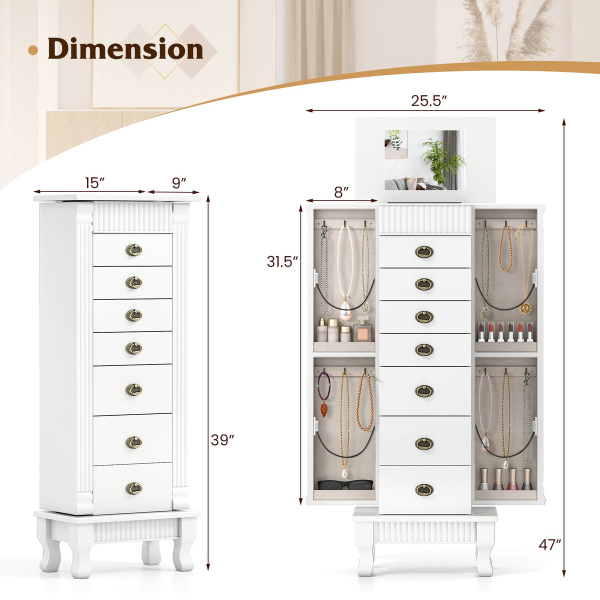 Wooden Jewelry Armoire Cabinet Storage Chest with Drawers and Swing Doors-White view 5