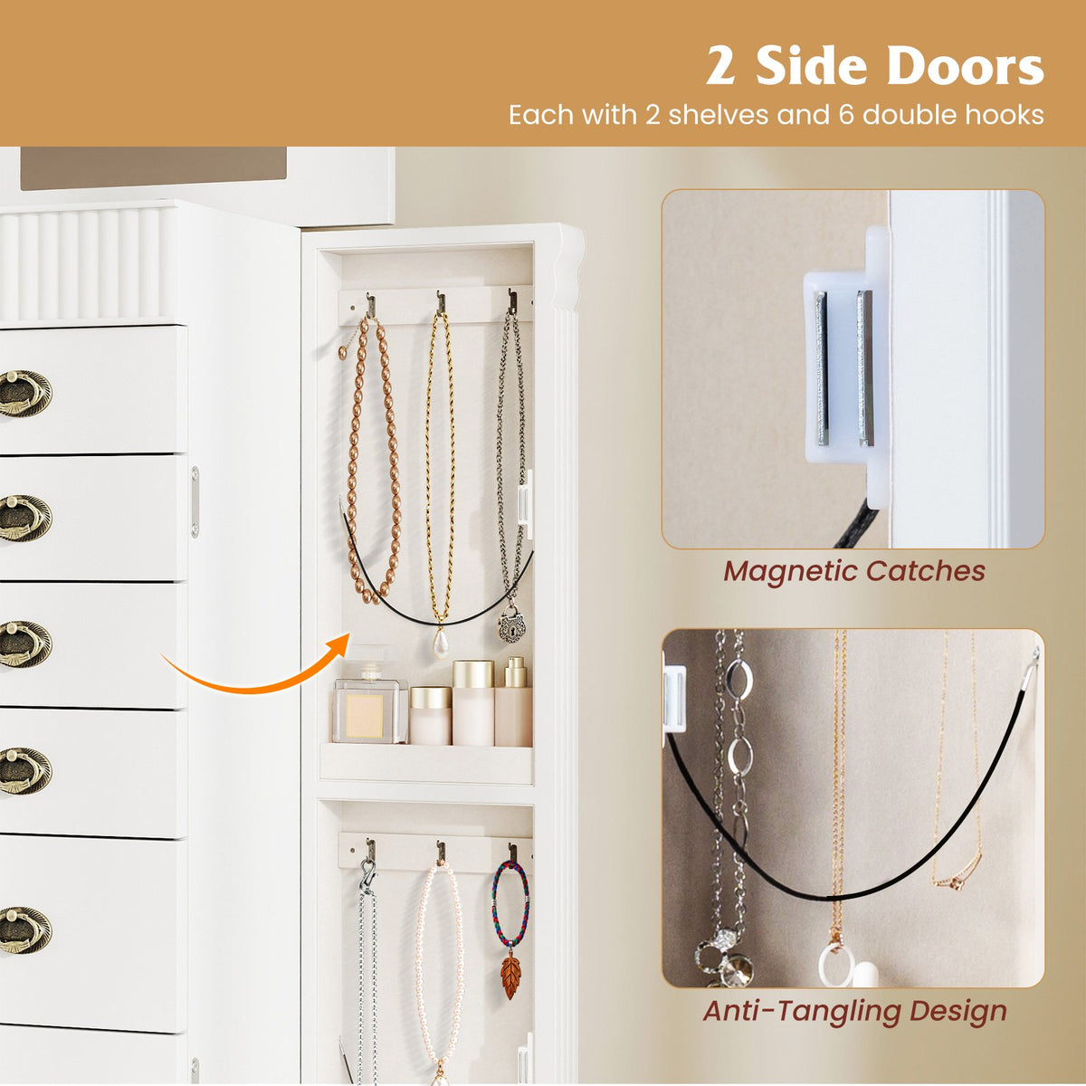 Wooden Jewelry Armoire Cabinet Storage Chest with Drawers and Swing Doors-White view 9