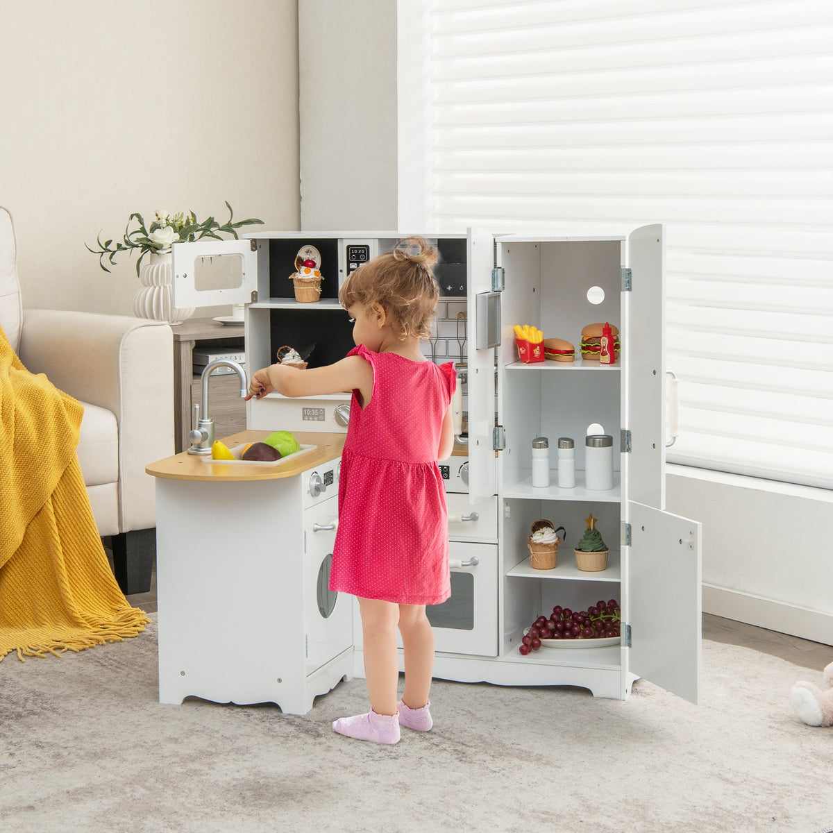 Wooden Kid's Corner Kitchen Playset with Stove for Toddlers-Natural & White view 3