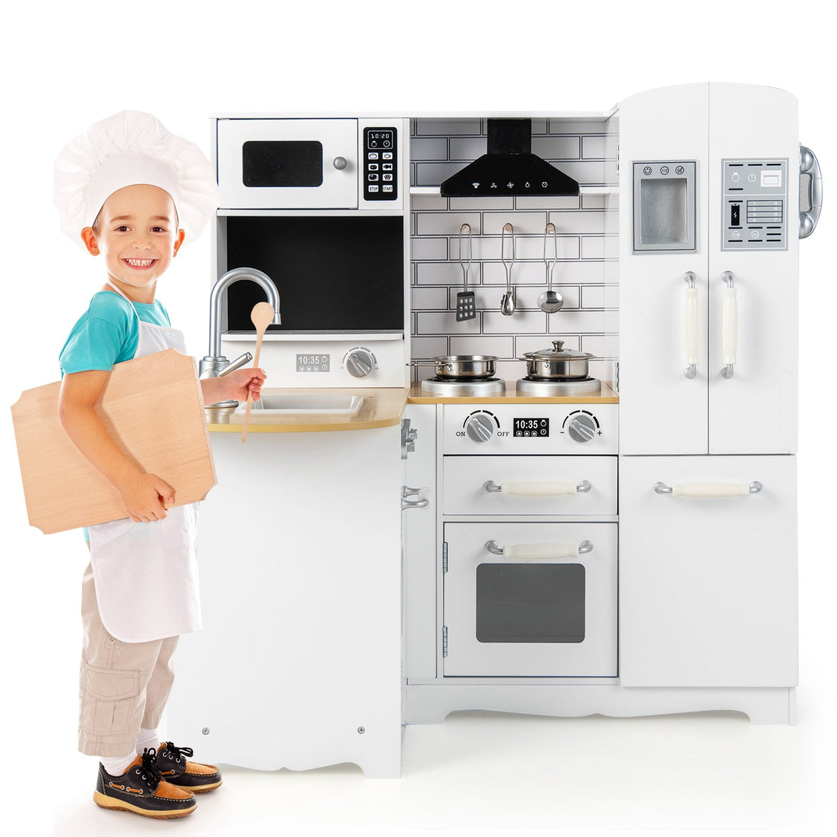 Wooden Kid's Corner Kitchen Playset with Stove for Toddlers-Natural & White view 4