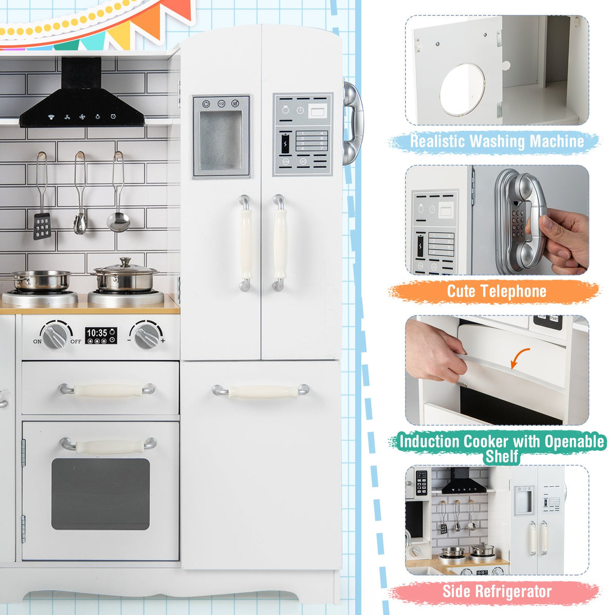 Wooden Kid's Corner Kitchen Playset with Stove for Toddlers-Natural & White view 7