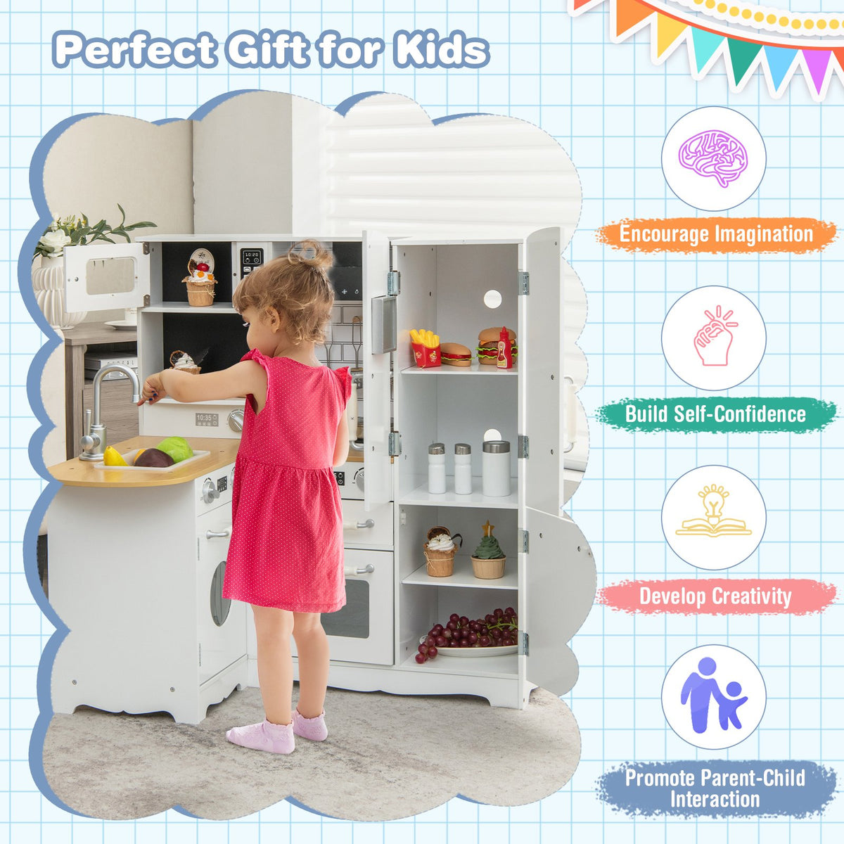 Wooden Kid's Corner Kitchen Playset with Stove for Toddlers-Natural & White view 9