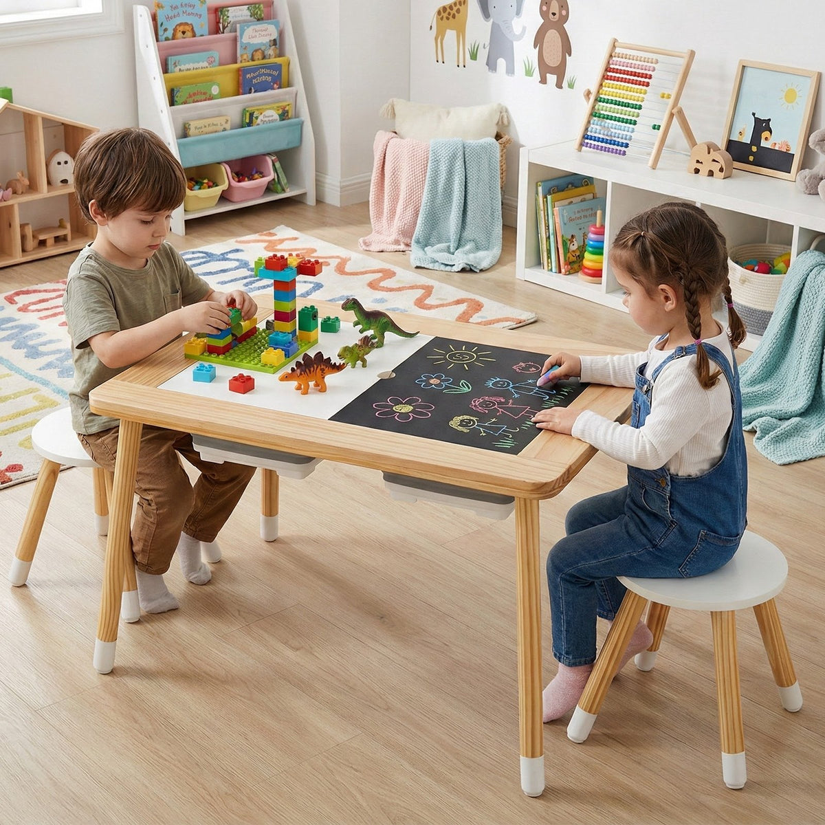 Wooden Kids Activity Table Set with Double-Sided Boards-Natural view 2