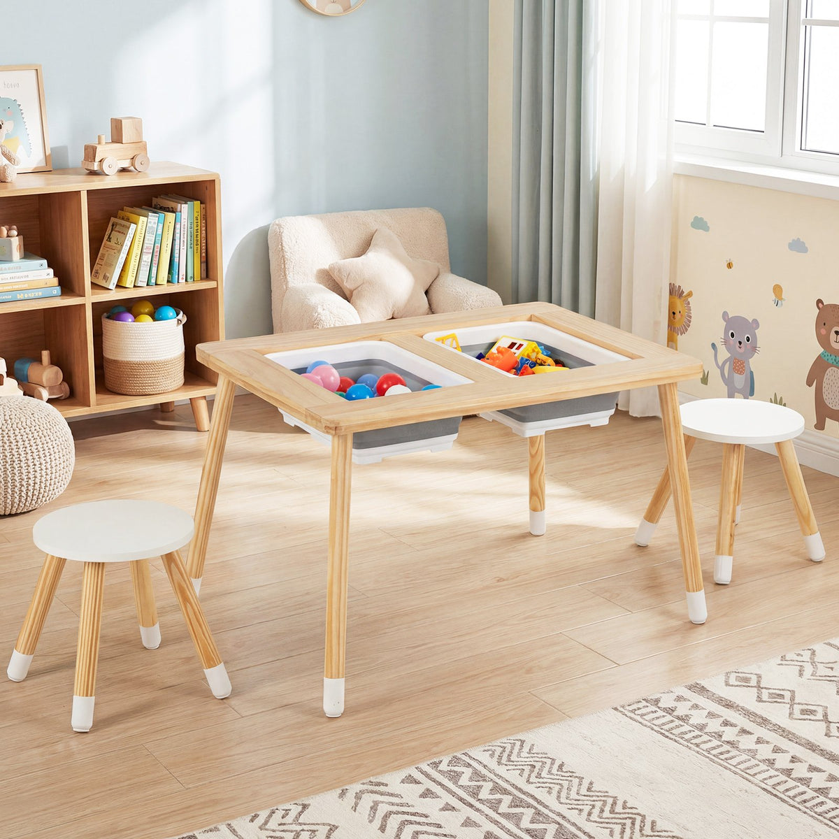 Wooden Kids Activity Table Set with Double-Sided Boards-Natural view 3