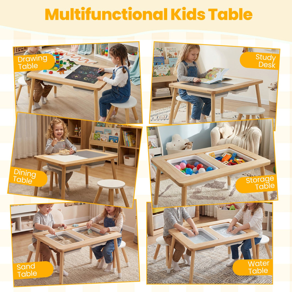 Wooden Kids Activity Table Set with Double-Sided Boards-Natural view 6