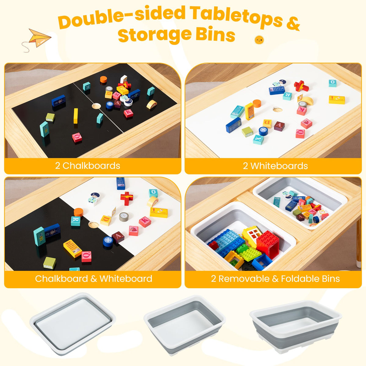 Wooden Kids Activity Table Set with Double-Sided Boards-Natural view 7