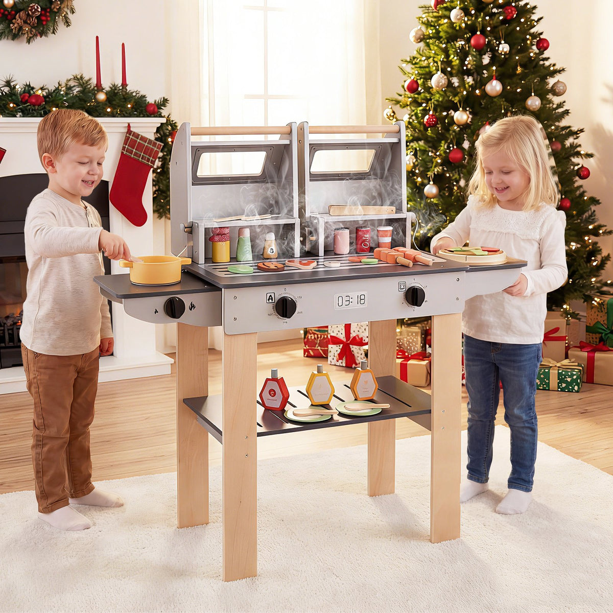 Wooden Kids Barbecue Grill Playset Kids Toy Grill with Abundant Grilling Tools and Play Foods view 3