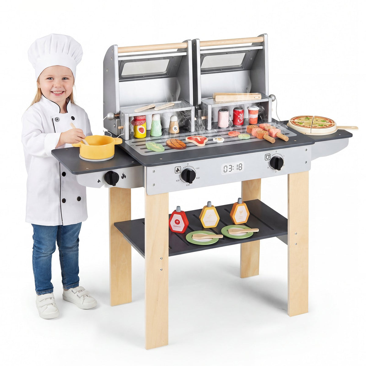 Wooden Kids Barbecue Grill Playset Kids Toy Grill with Abundant Grilling Tools and Play Foods view 4