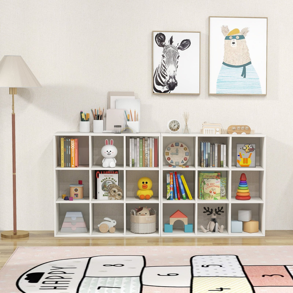 Wooden Kids Bookcase with Storage Cubbies and Anti-toppling Devices-White view 2