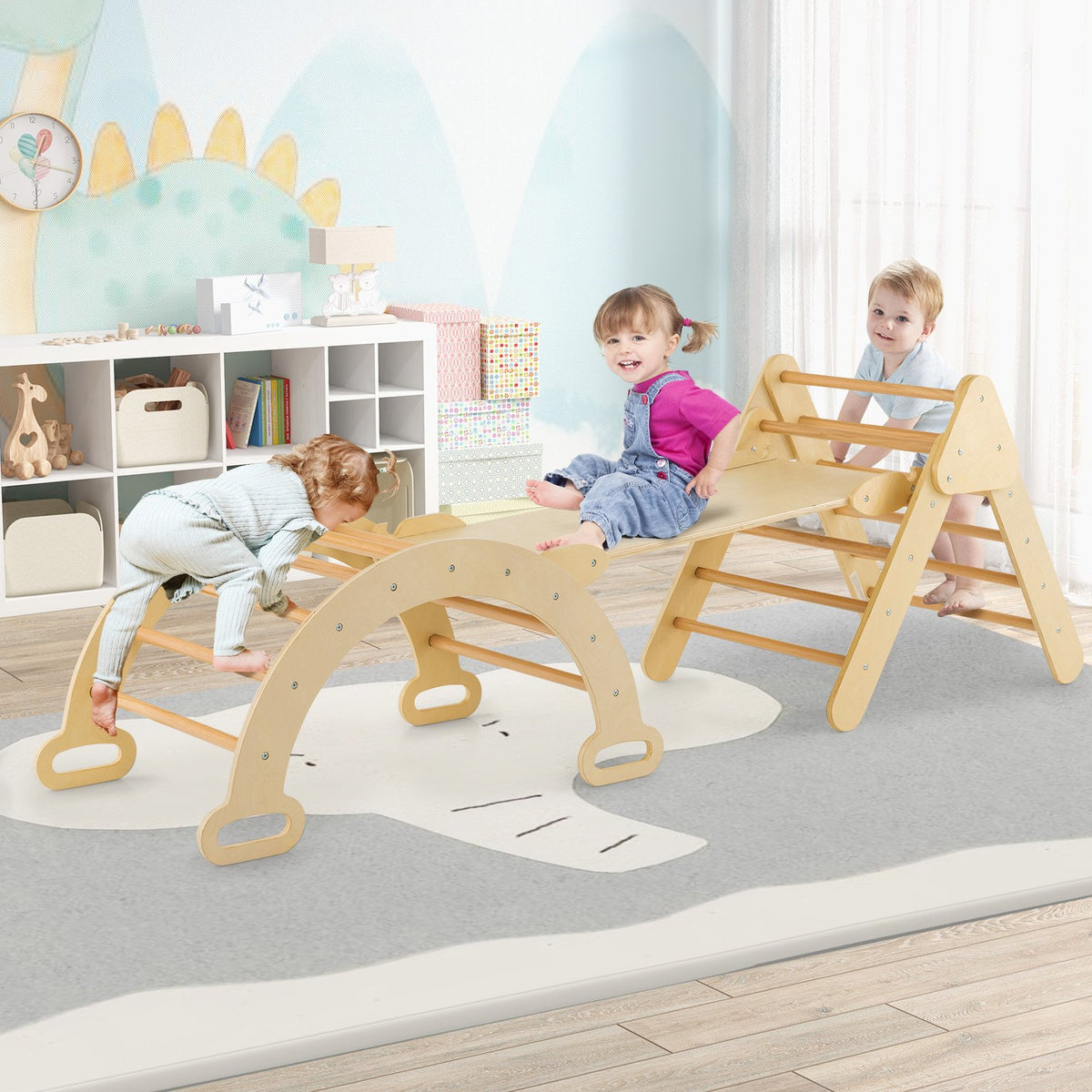 5-in-1 Wooden Kids Climber Toys with Triangle Arch Ramp-Natural view 2