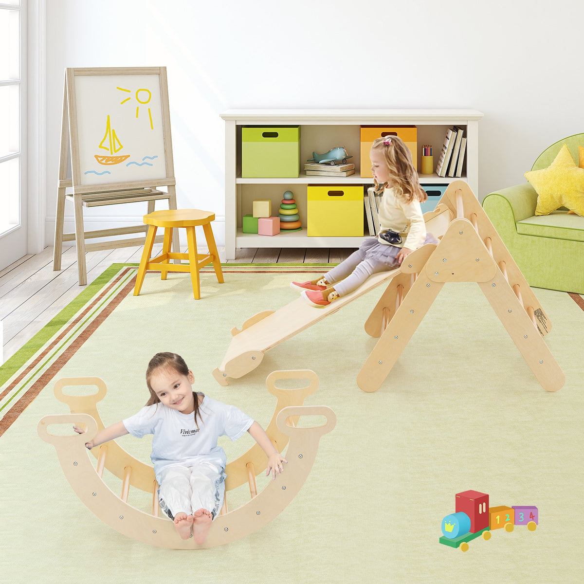 5-in-1 Wooden Kids Climber Toys with Triangle Arch Ramp-Natural view 3