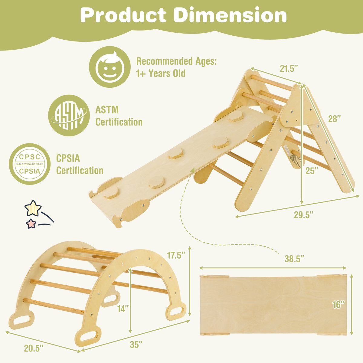 5-in-1 Wooden Kids Climber Toys with Triangle Arch Ramp-Natural view 5