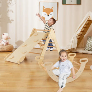 5-in-1 Wooden Kids Climber Toys with Triangle Arch Ramp-Natural view 6