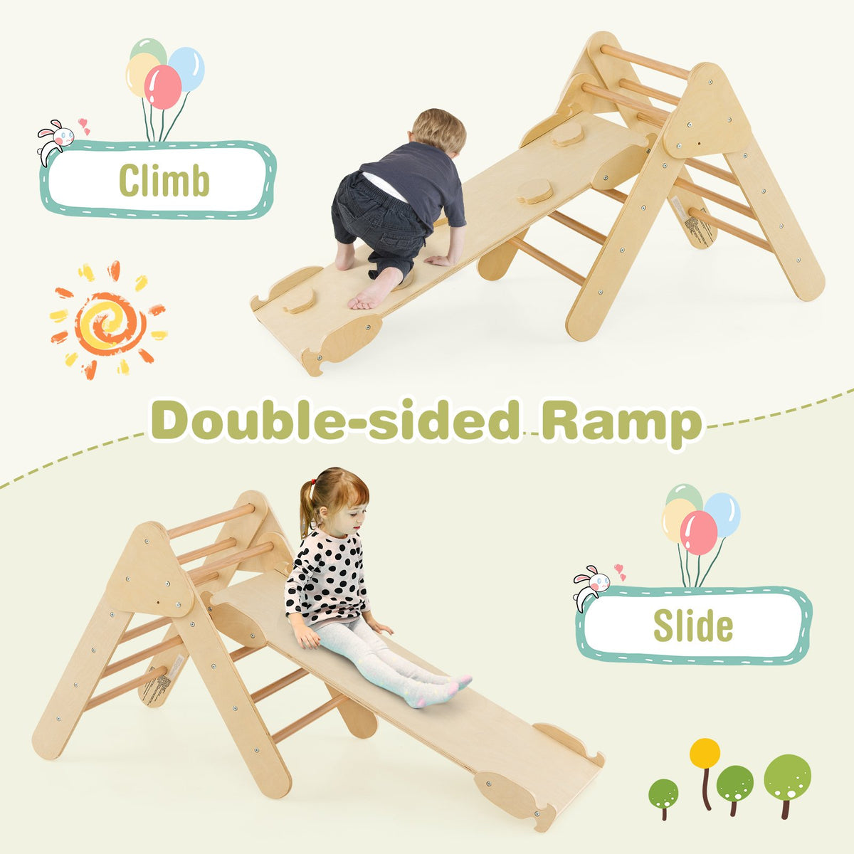 5-in-1 Wooden Kids Climber Toys with Triangle Arch Ramp-Natural view 8
