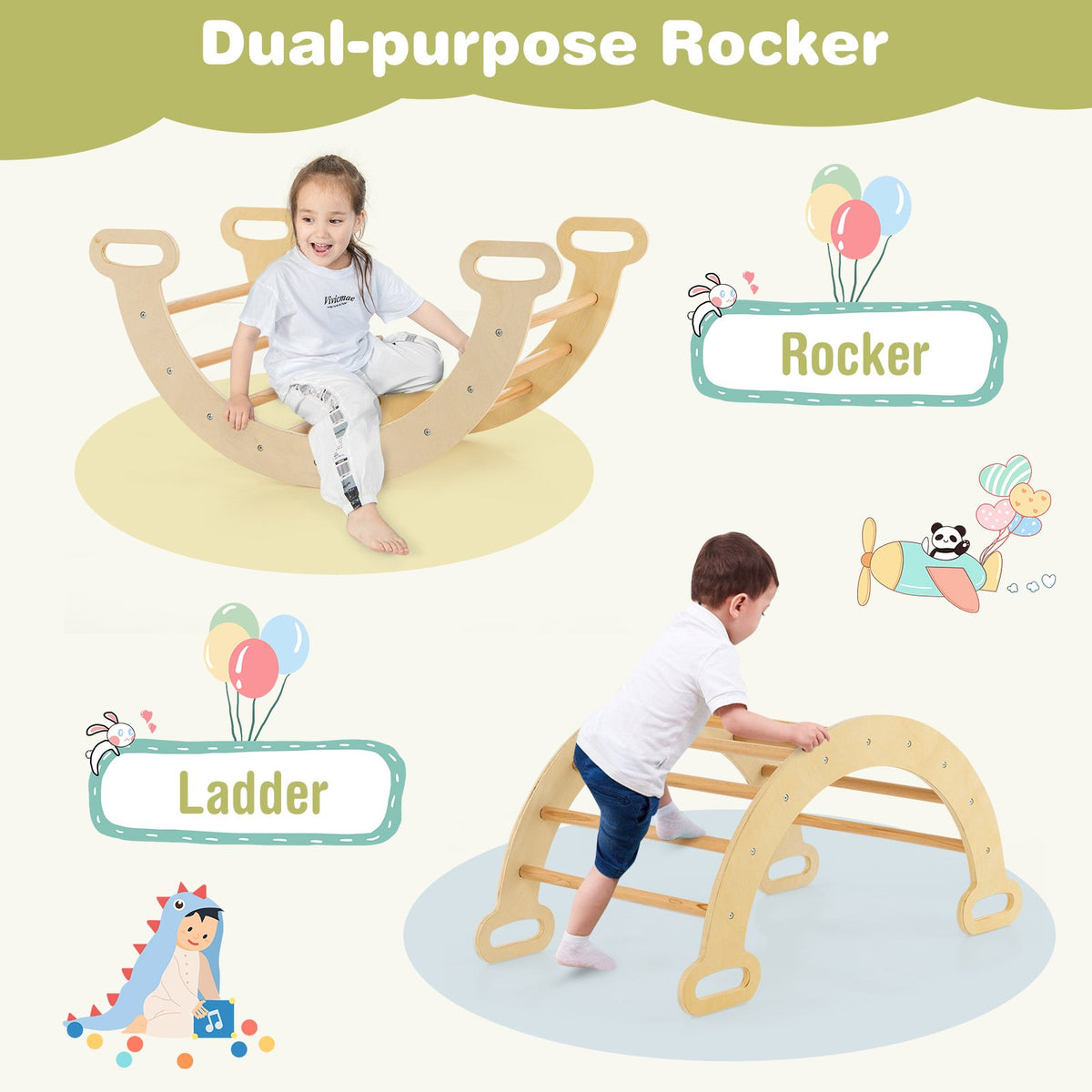 5-in-1 Wooden Kids Climber Toys with Triangle Arch Ramp-Natural view 9