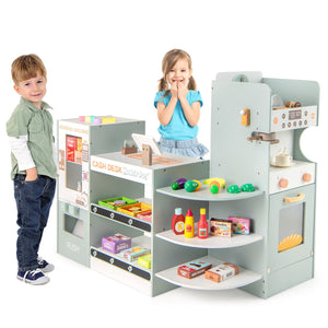 Wooden Kids Grocery Store Playset Pretend Play Supermarket-Green view 4