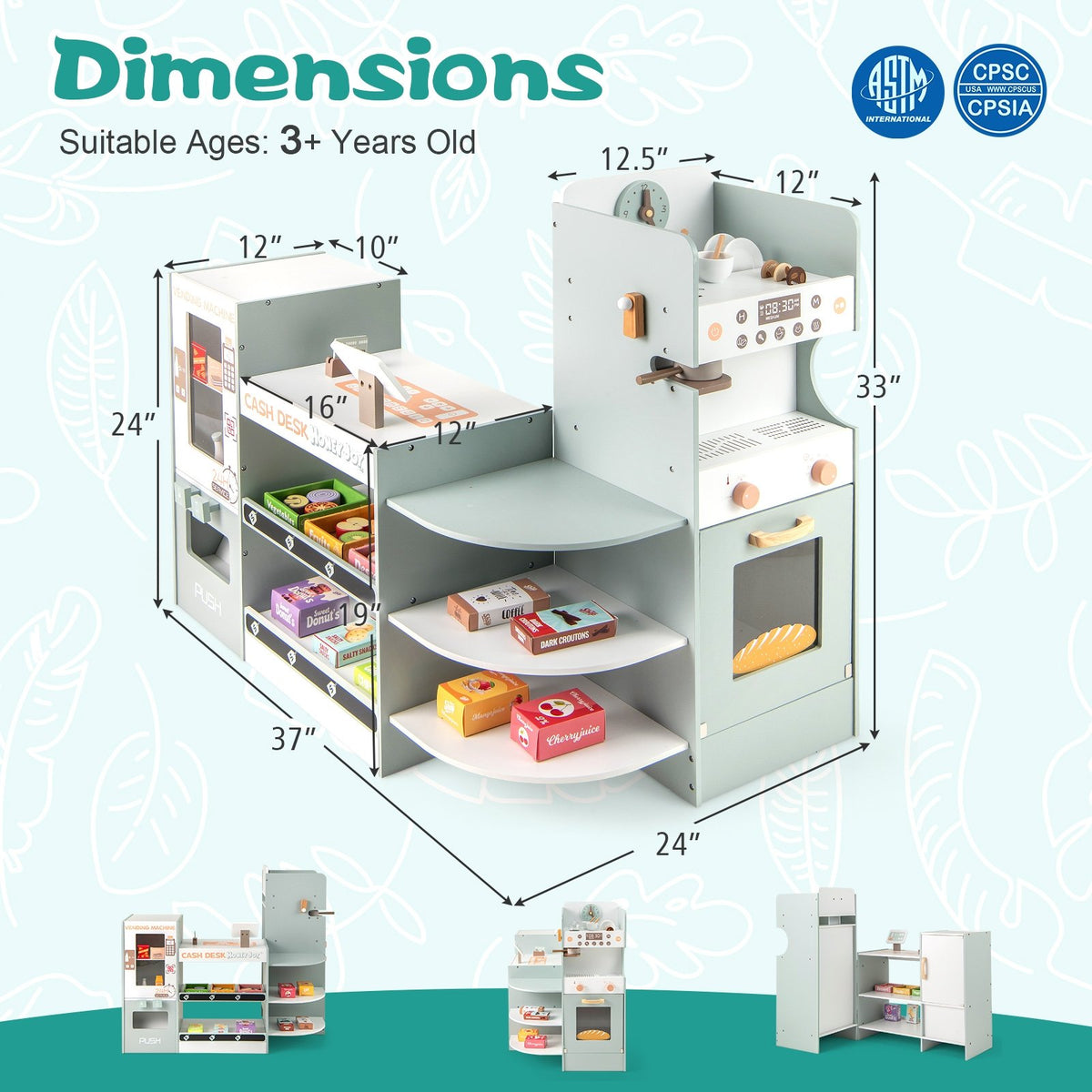 Wooden Kids Grocery Store Playset Pretend Play Supermarket-Green view 5