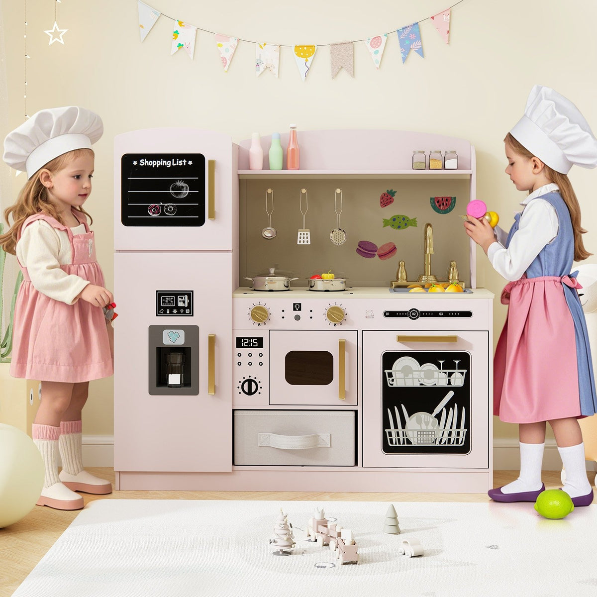 Wooden Kids Kitchen Playset with Chalkboard Ice Maker Sink Lighted Microwave-Pink view 3