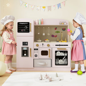 Wooden Kids Kitchen Playset with Chalkboard Ice Maker Sink Lighted Microwave-Pink view 3