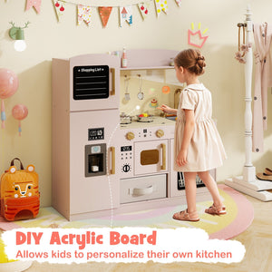 Wooden Kids Kitchen Playset with Chalkboard Ice Maker Sink Lighted Microwave-Pink view 5