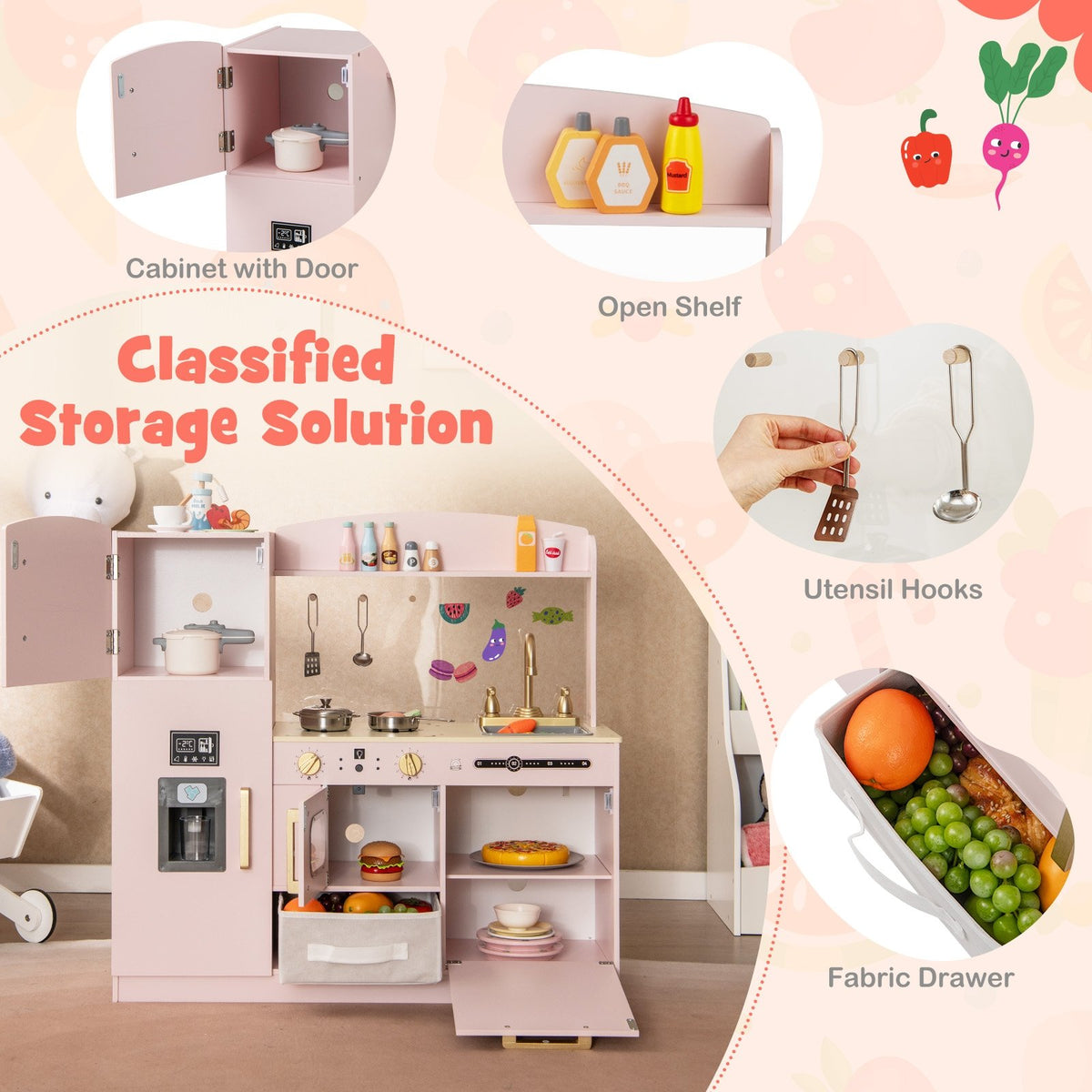 Wooden Kids Kitchen Playset with Chalkboard Ice Maker Sink Lighted Microwave-Pink view 6