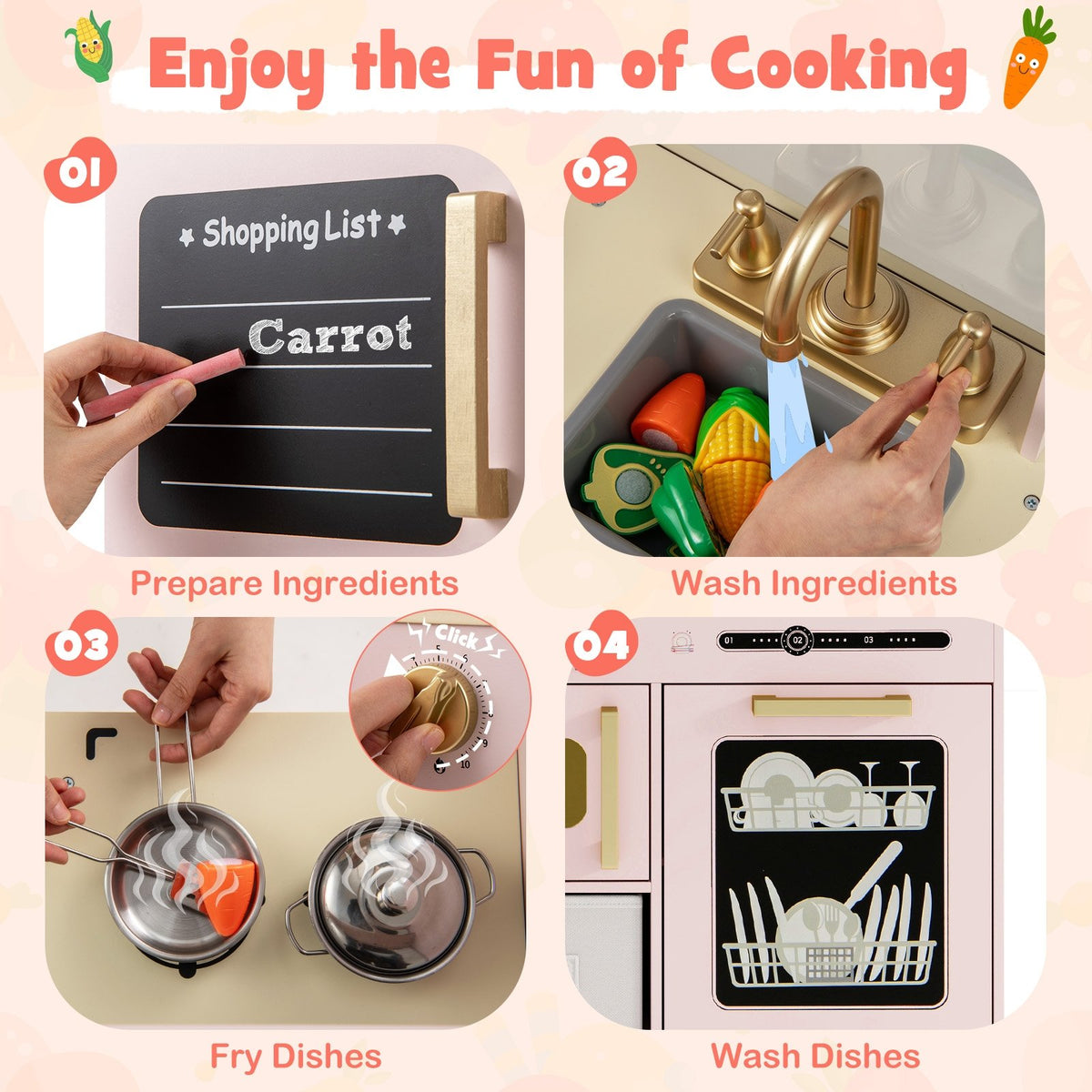Wooden Kids Kitchen Playset with Chalkboard Ice Maker Sink Lighted Microwave-Pink view 7