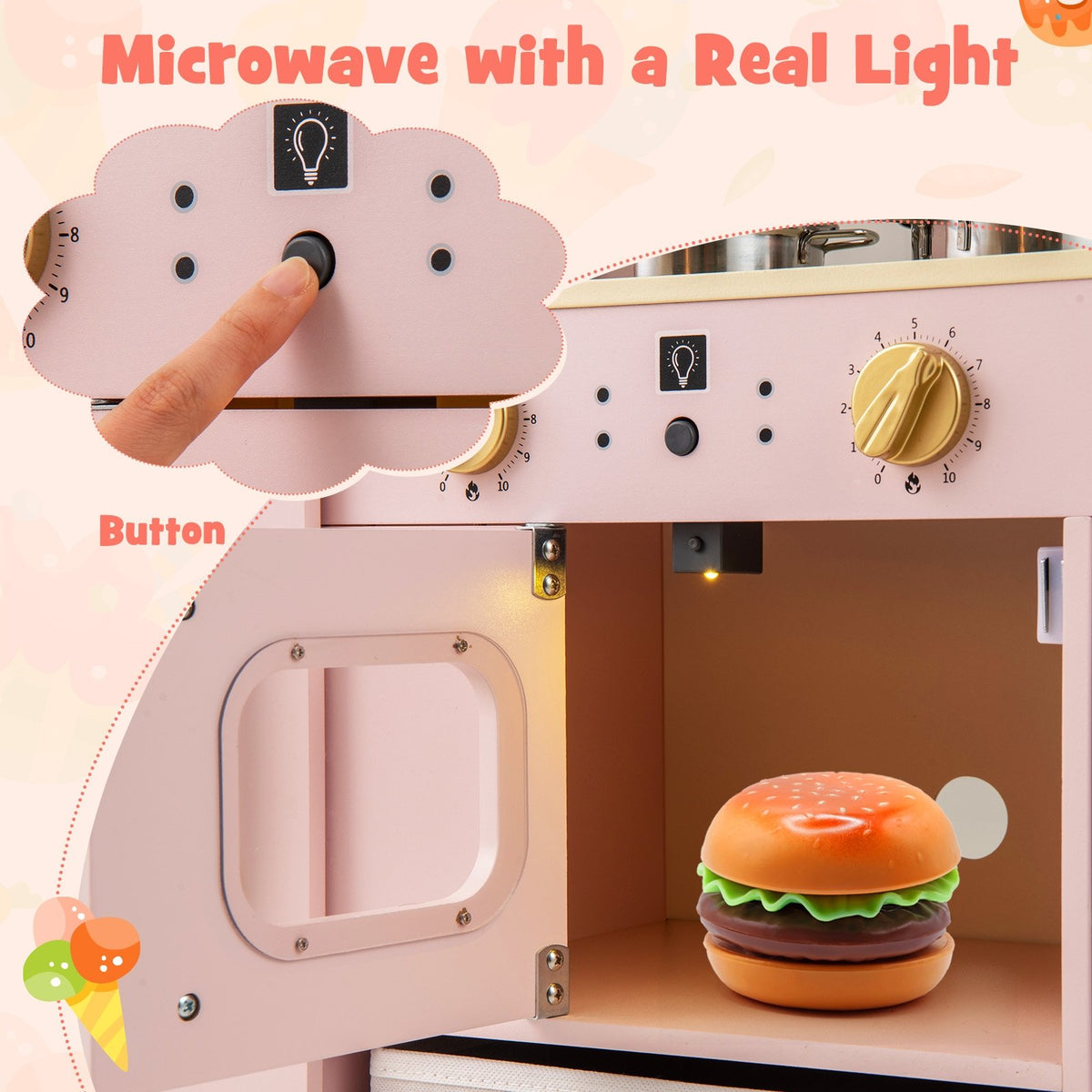 Wooden Kids Kitchen Playset with Chalkboard Ice Maker Sink Lighted Microwave-Pink view 9