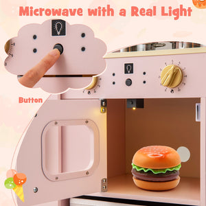 Wooden Kids Kitchen Playset with Chalkboard Ice Maker Sink Lighted Microwave-Pink view 9