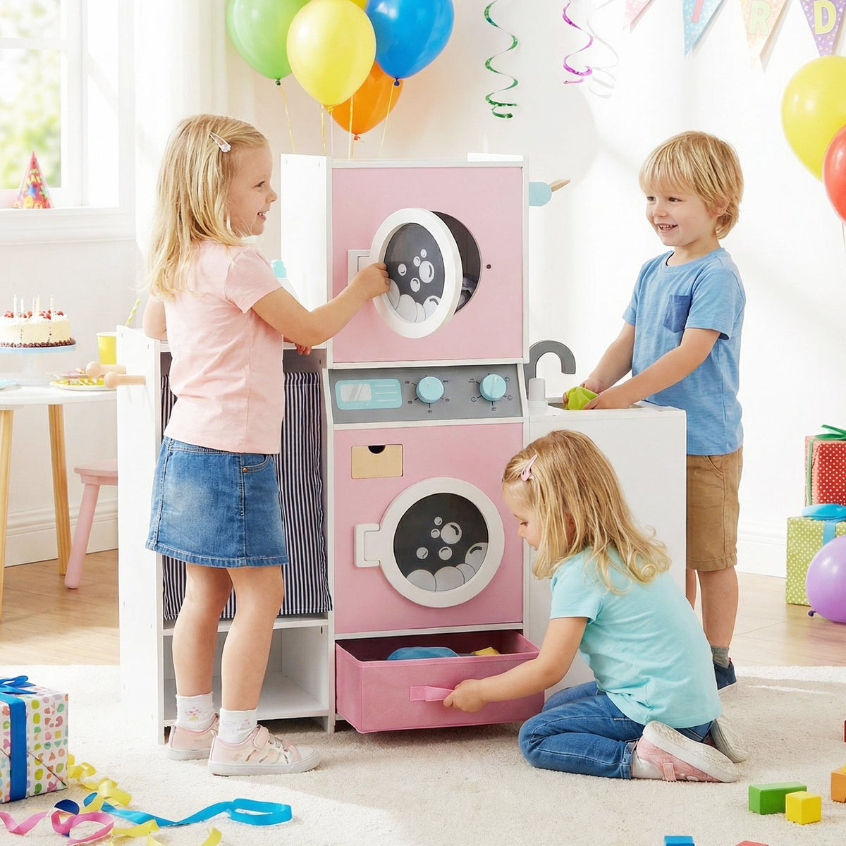 Wooden Kids Laundry Playset with Laundry Detergent Bottle and Clothes Hangers-Pink view 2
