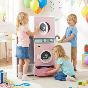 Wooden Kids Laundry Playset with Laundry Detergent Bottle and Clothes Hangers-Pink view 2