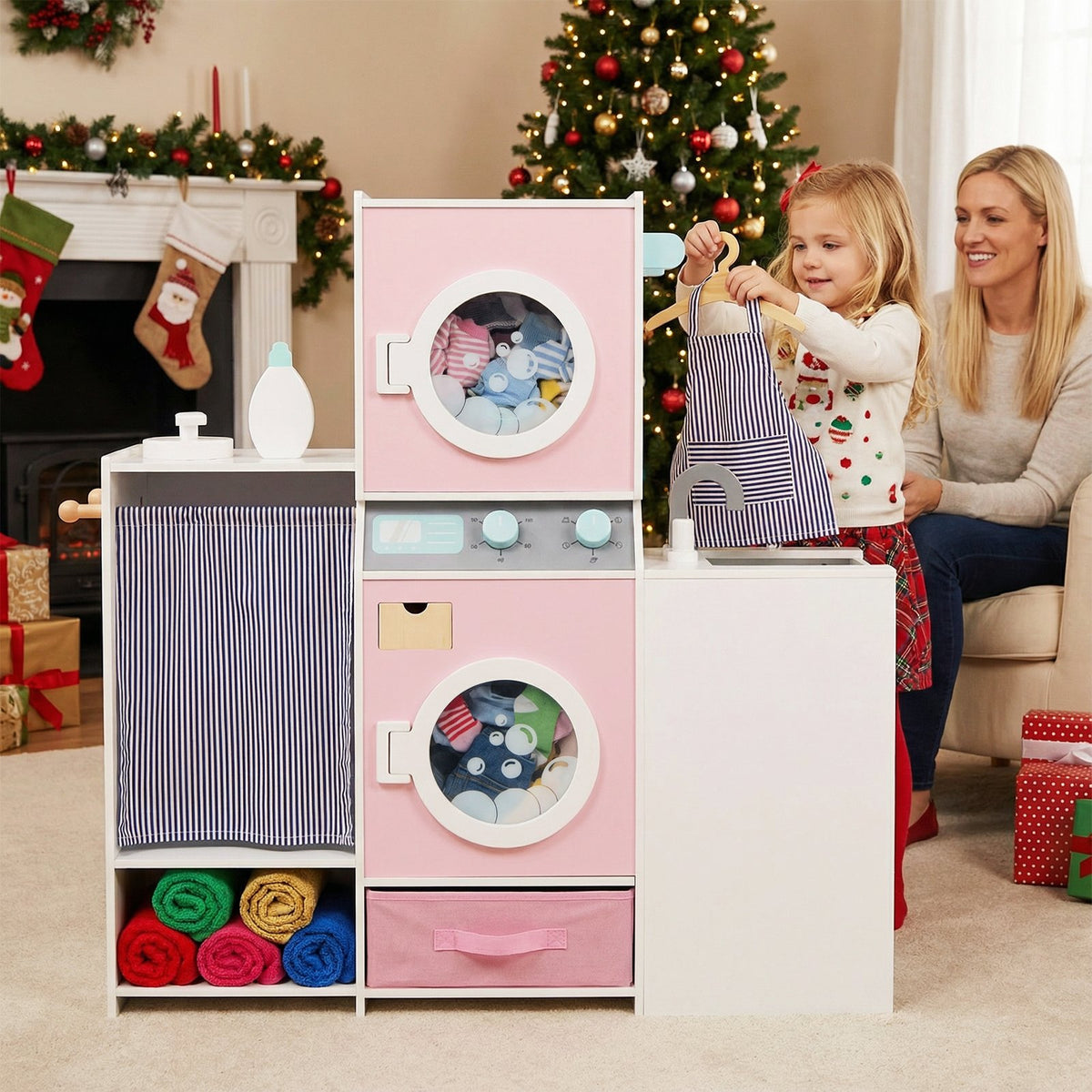 Wooden Kids Laundry Playset with Laundry Detergent Bottle and Clothes Hangers-Pink view 3