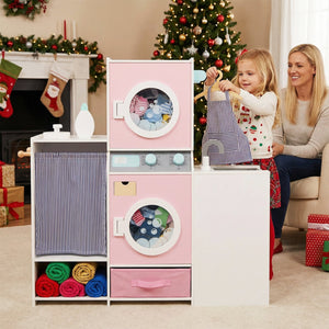 Wooden Kids Laundry Playset with Laundry Detergent Bottle and Clothes Hangers-Pink view 3