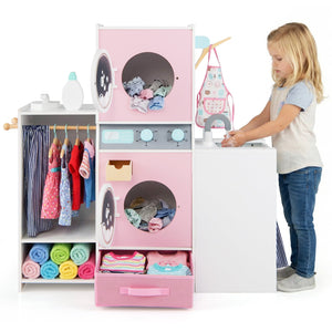 Wooden Kids Laundry Playset with Laundry Detergent Bottle and Clothes Hangers-Pink view 4