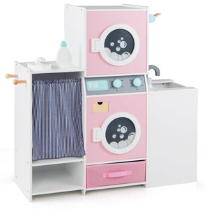 Wooden Kids Laundry Playset with Laundry Detergent Bottle and Clothes Hangers-Pink view 6