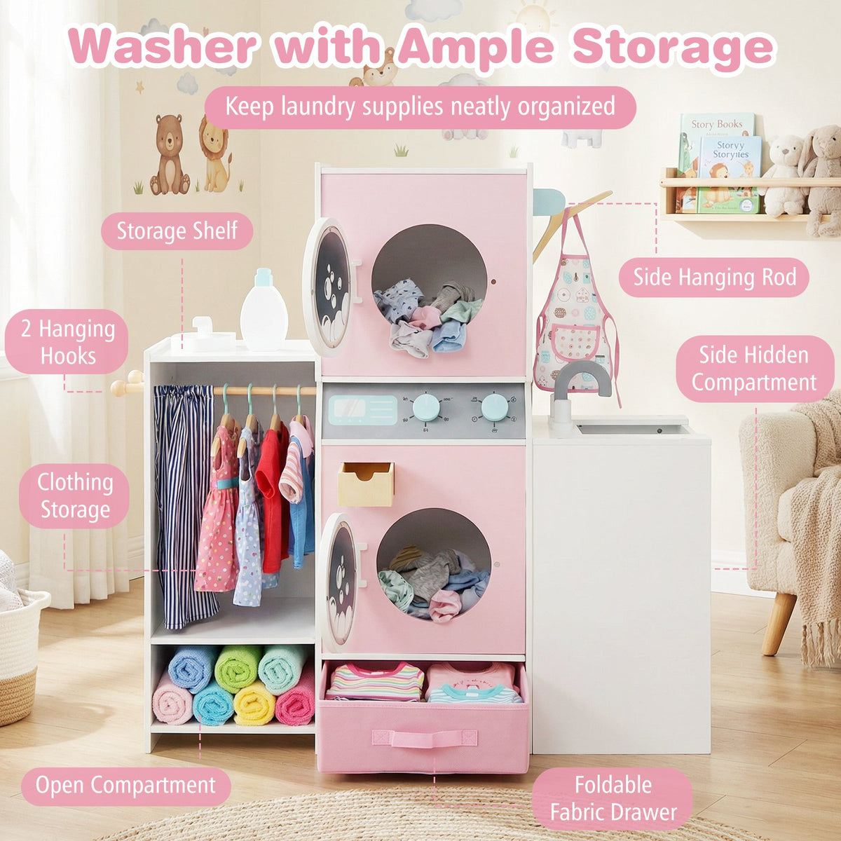 Wooden Kids Laundry Playset with Laundry Detergent Bottle and Clothes Hangers-Pink view 7