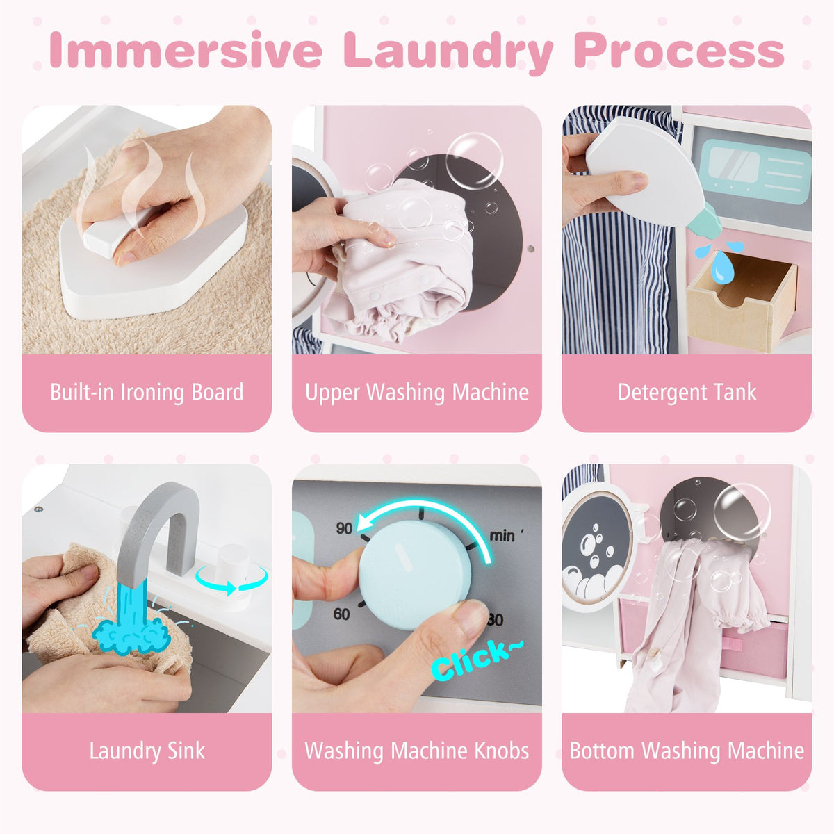 Wooden Kids Laundry Playset with Laundry Detergent Bottle and Clothes Hangers-Pink view 8