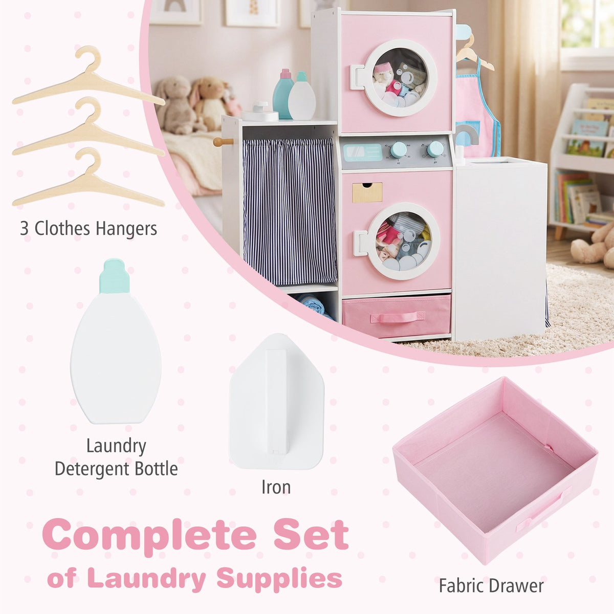 Wooden Kids Laundry Playset with Laundry Detergent Bottle and Clothes Hangers-Pink view 9